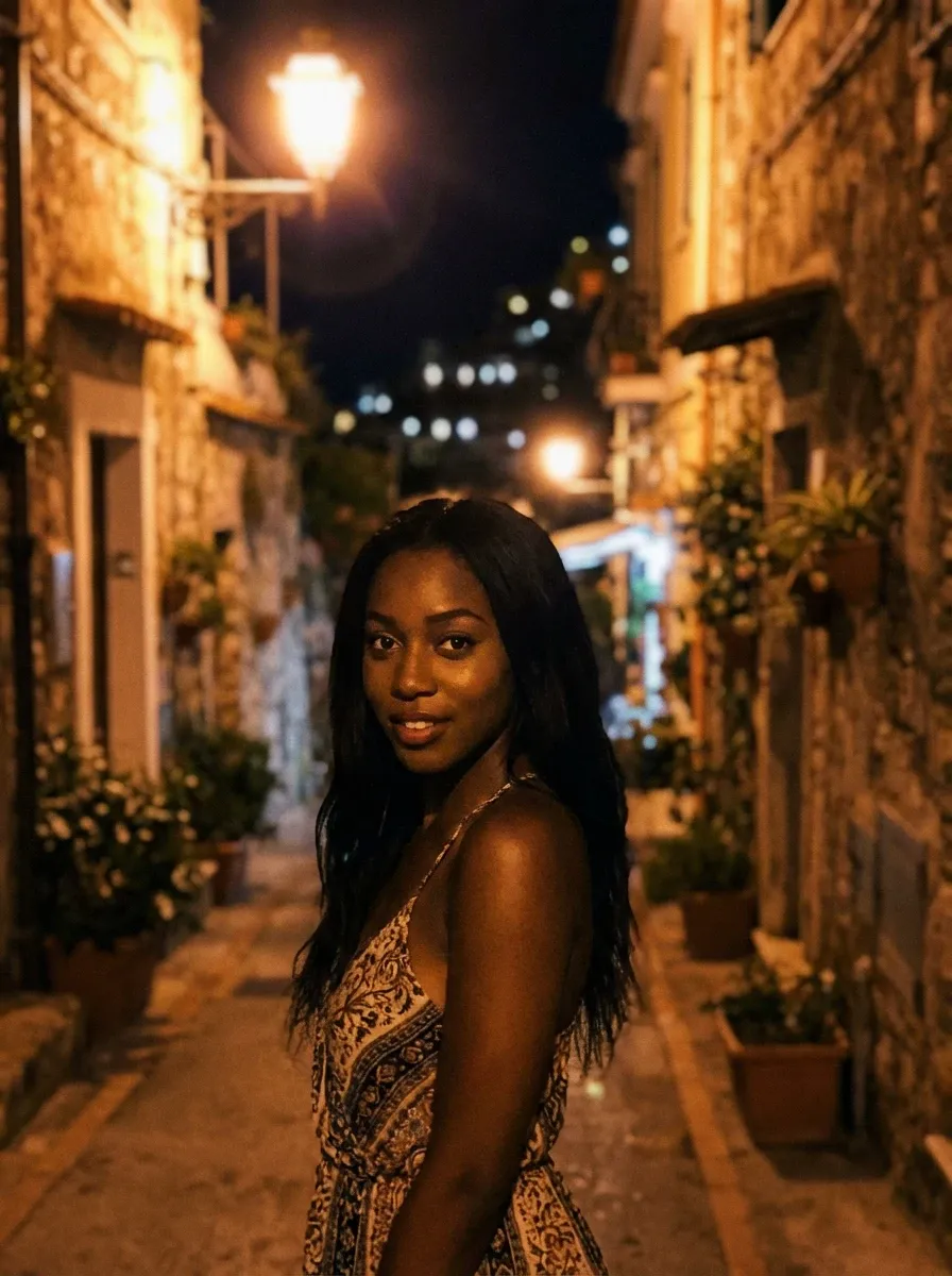 Original selfie input — woman in a black sleeveless top on a narrow night street
